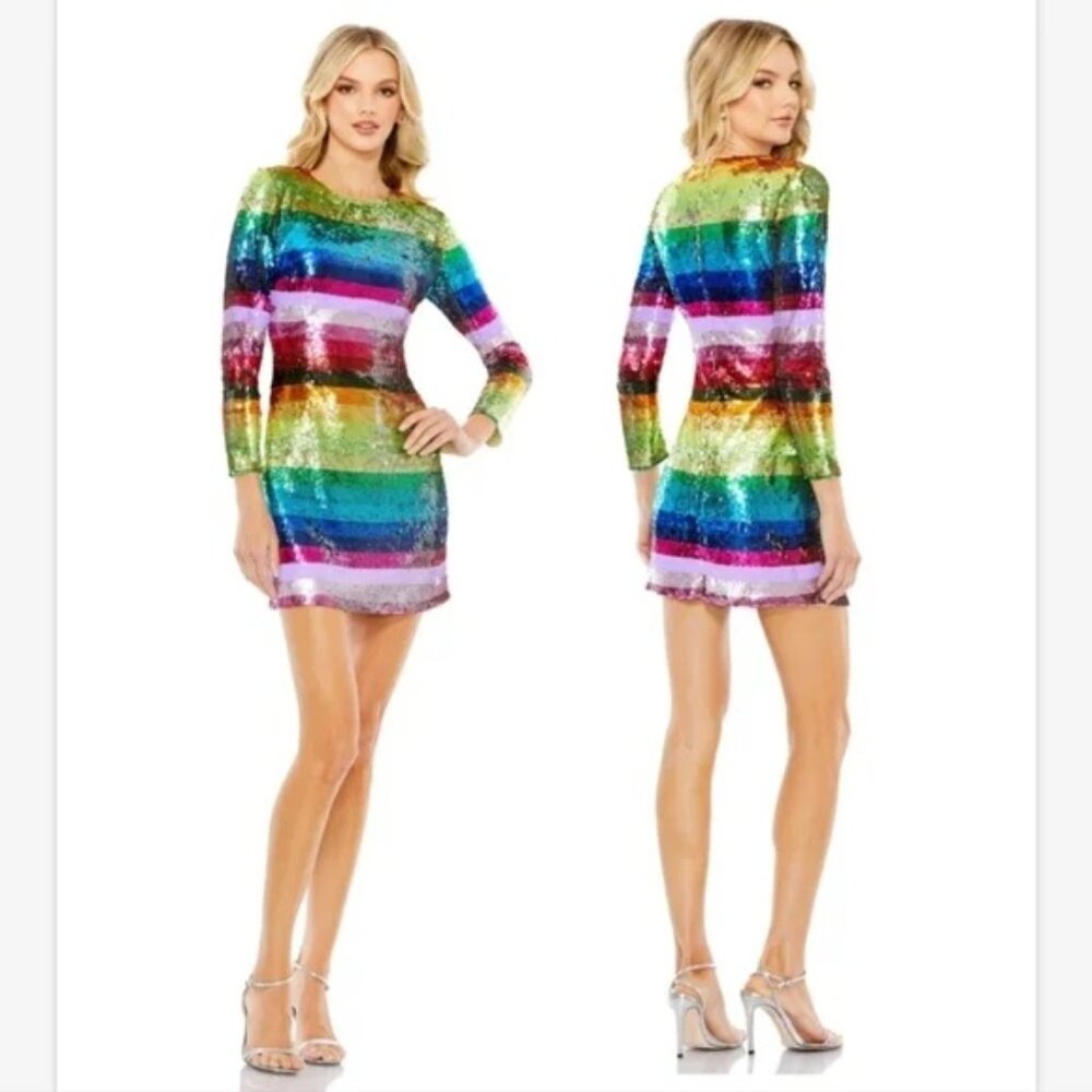 NEW NWT | Mac Duggal 93724 Multi Color Long Sleeve Sequin Mini Dress Size 4